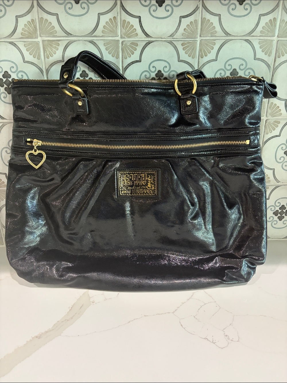 Coach Black Poppy Daisy Patent Tote with Gold Accents